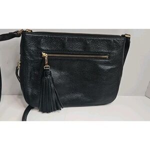 Halogen Black Pebbled Thick Leather Adjustable Crossbody Shoulder Bag Tassel (F)